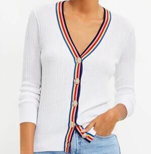 LOFT White Ribbed Cardigan XL NWT Button‎ Front Preppy Classic Lightweight